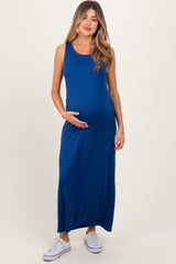 Navy Sleeveless Flared Scoop Neck Maternity Maxi Dress