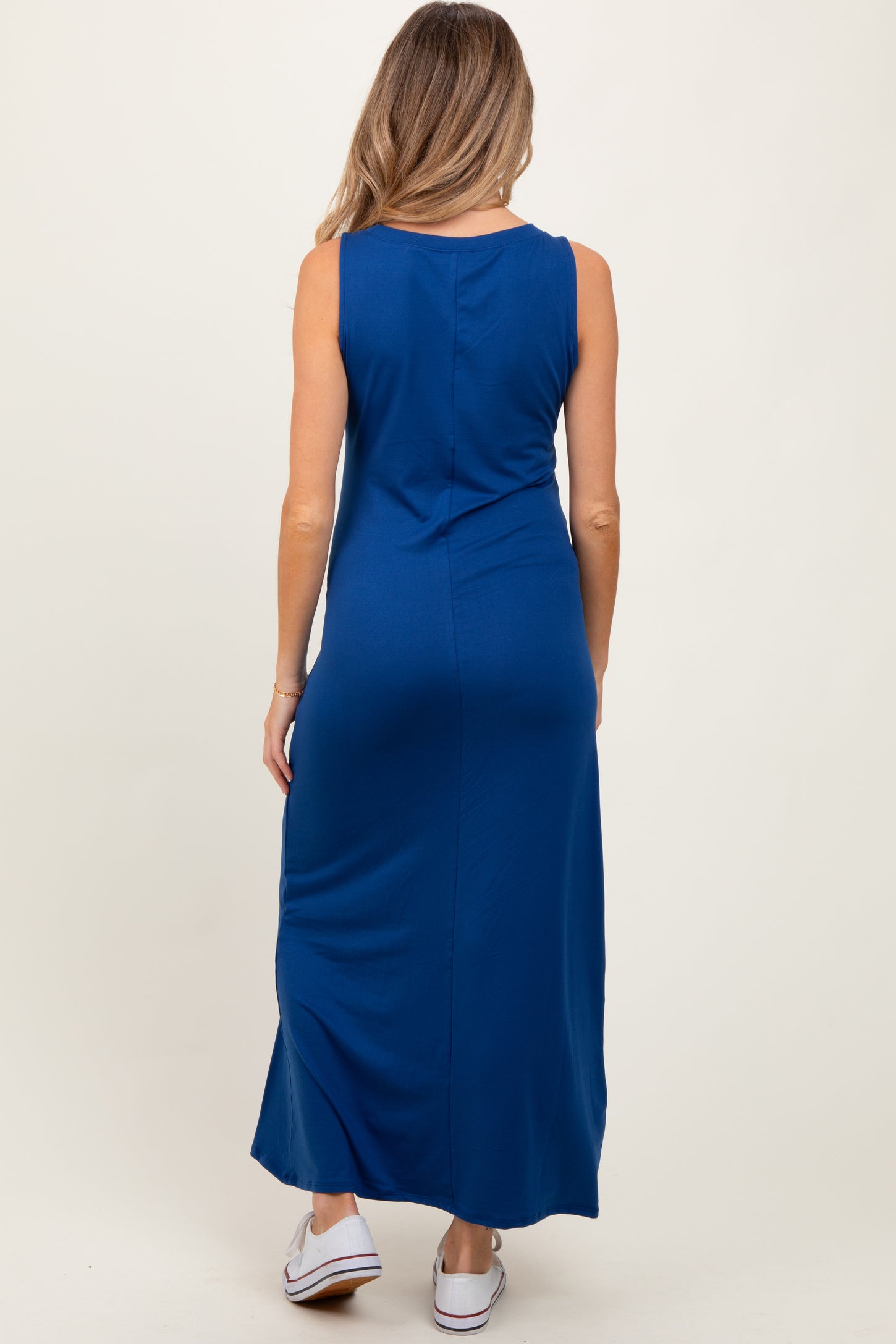 Navy Sleeveless Flared Scoop Neck Maternity Maxi Dress