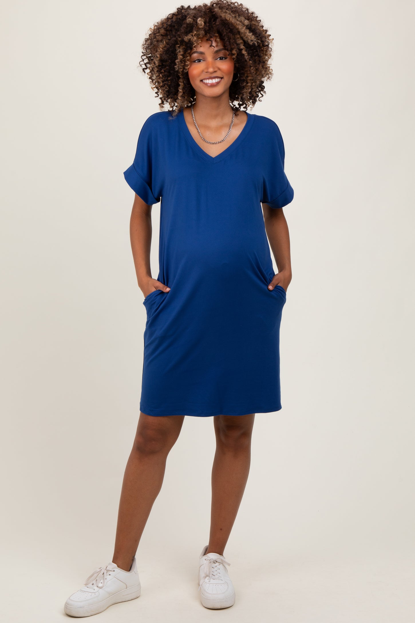 Navy Brushed Rolled Short Sleeve V-Neck Maternity Dress