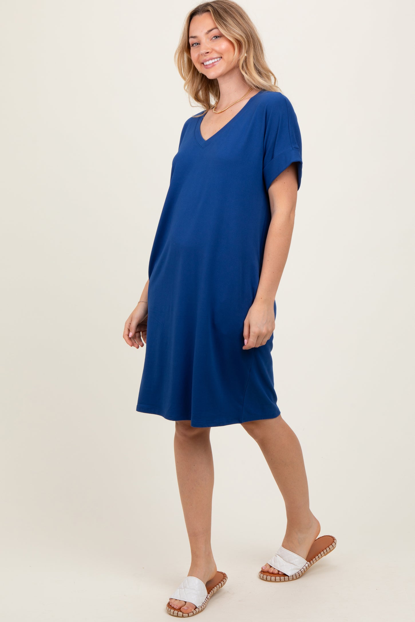 Navy Brushed Rolled Short Sleeve V-Neck Dress