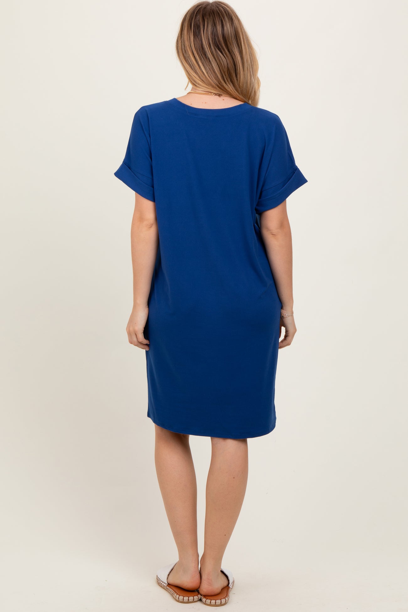 Navy Brushed Rolled Short Sleeve V-Neck Dress