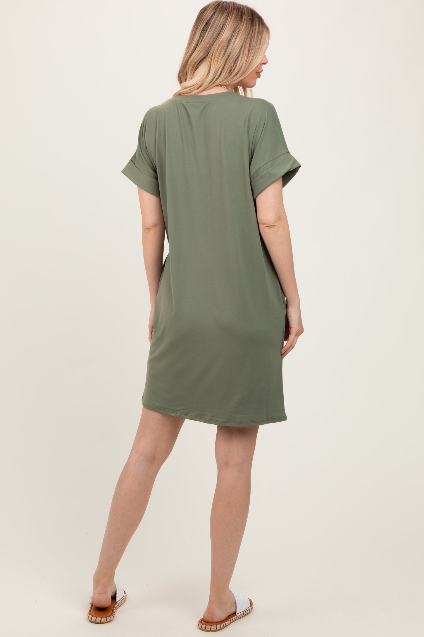 Light Olive Brushed Rolled Short Sleeve V-Neck Dress