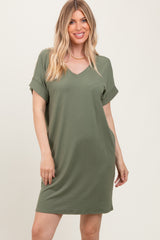 Light Olive Brushed Rolled Short Sleeve V-Neck Maternity Dress
