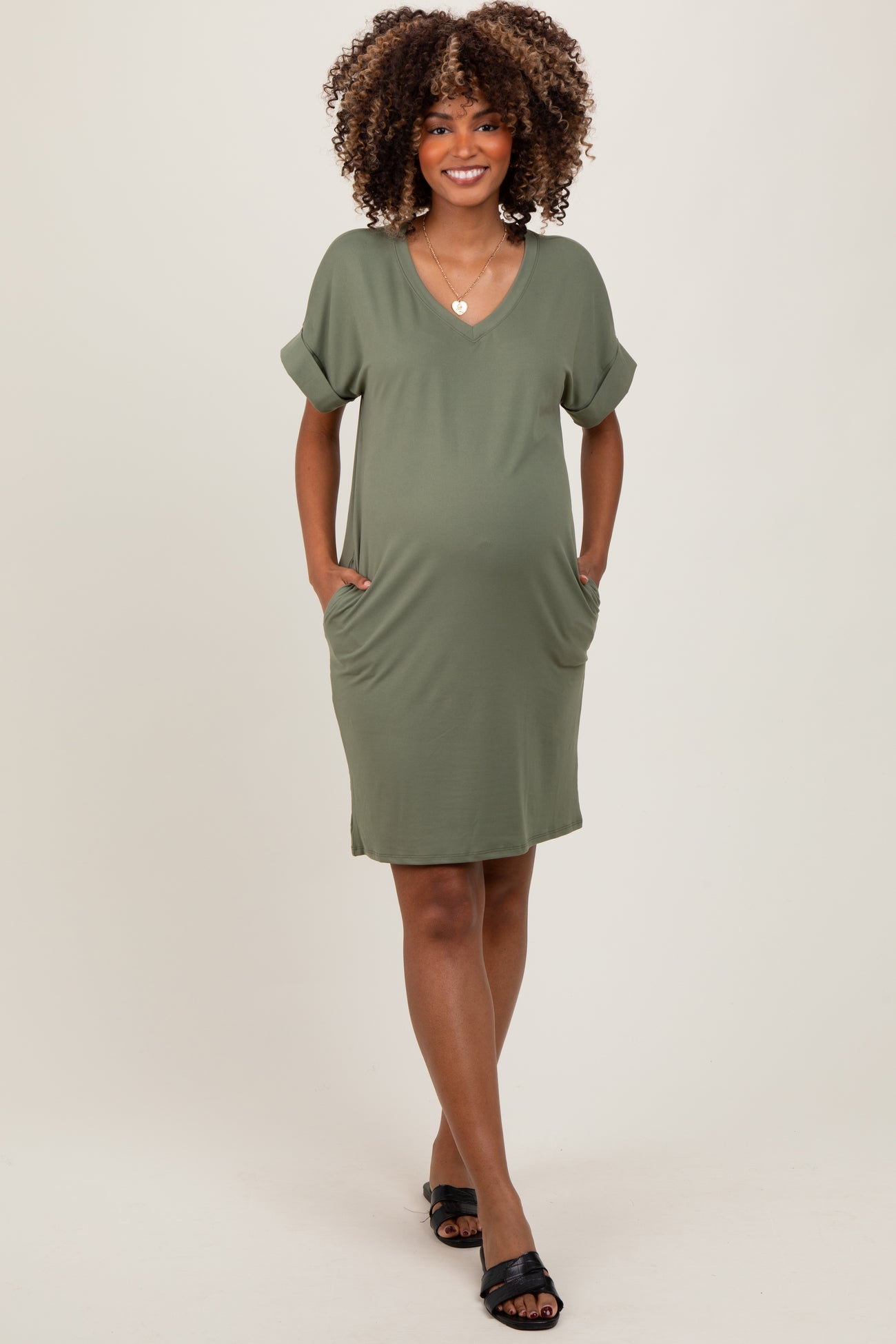Light Olive Brushed Rolled Short Sleeve V-Neck Maternity Dress