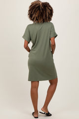 Light Olive Brushed Rolled Short Sleeve V-Neck Maternity Dress