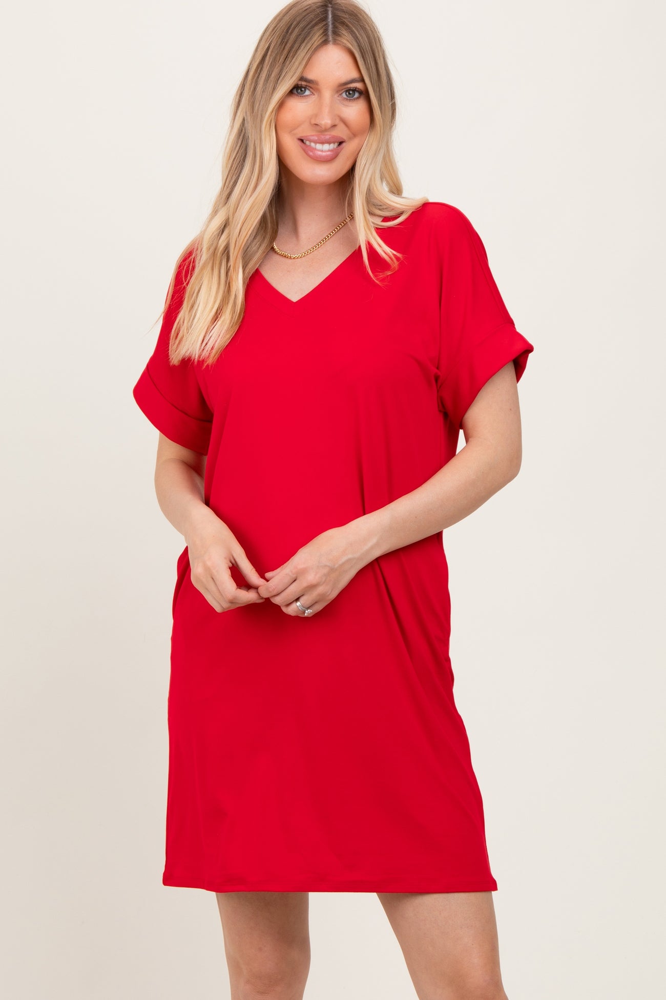 Red Brushed Rolled Short Sleeve V-Neck Maternity Dress