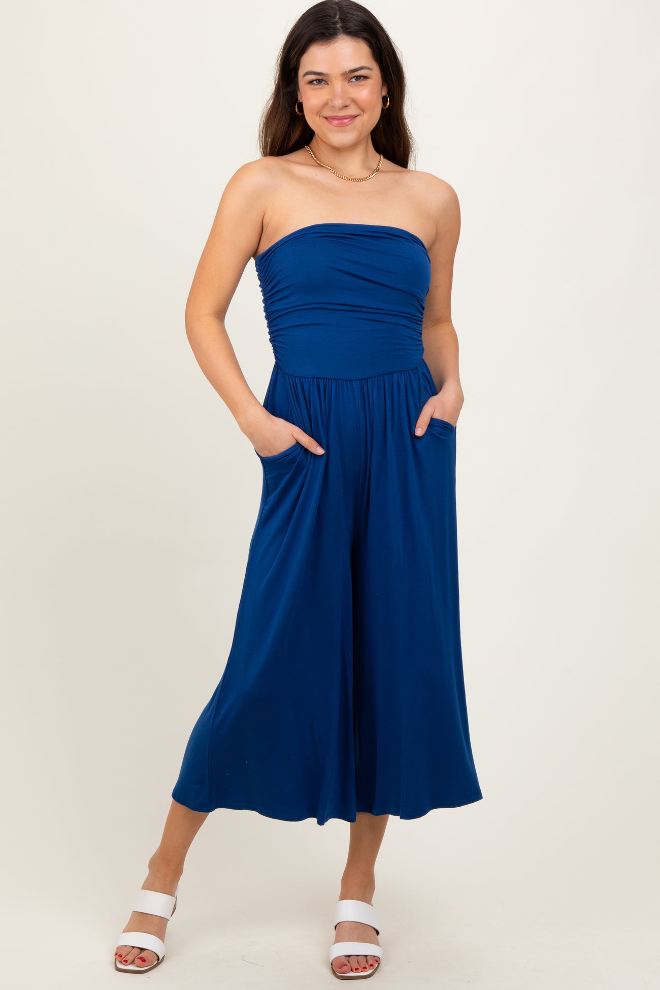 Navy Double Layered Strapless Tube Top Jumpsuit