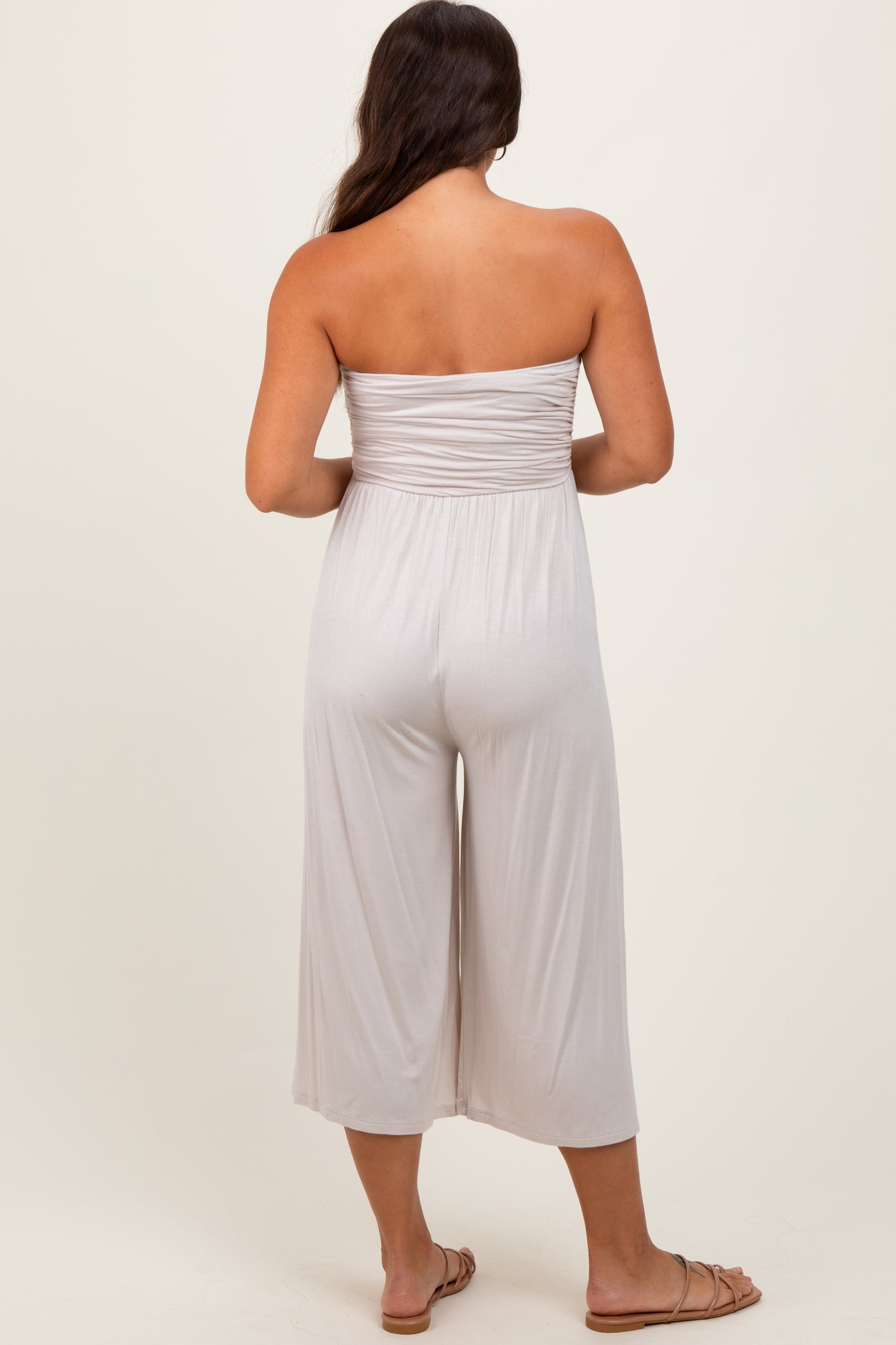 Beige Double Layered Strapless Tube Top Maternity Jumpsuit