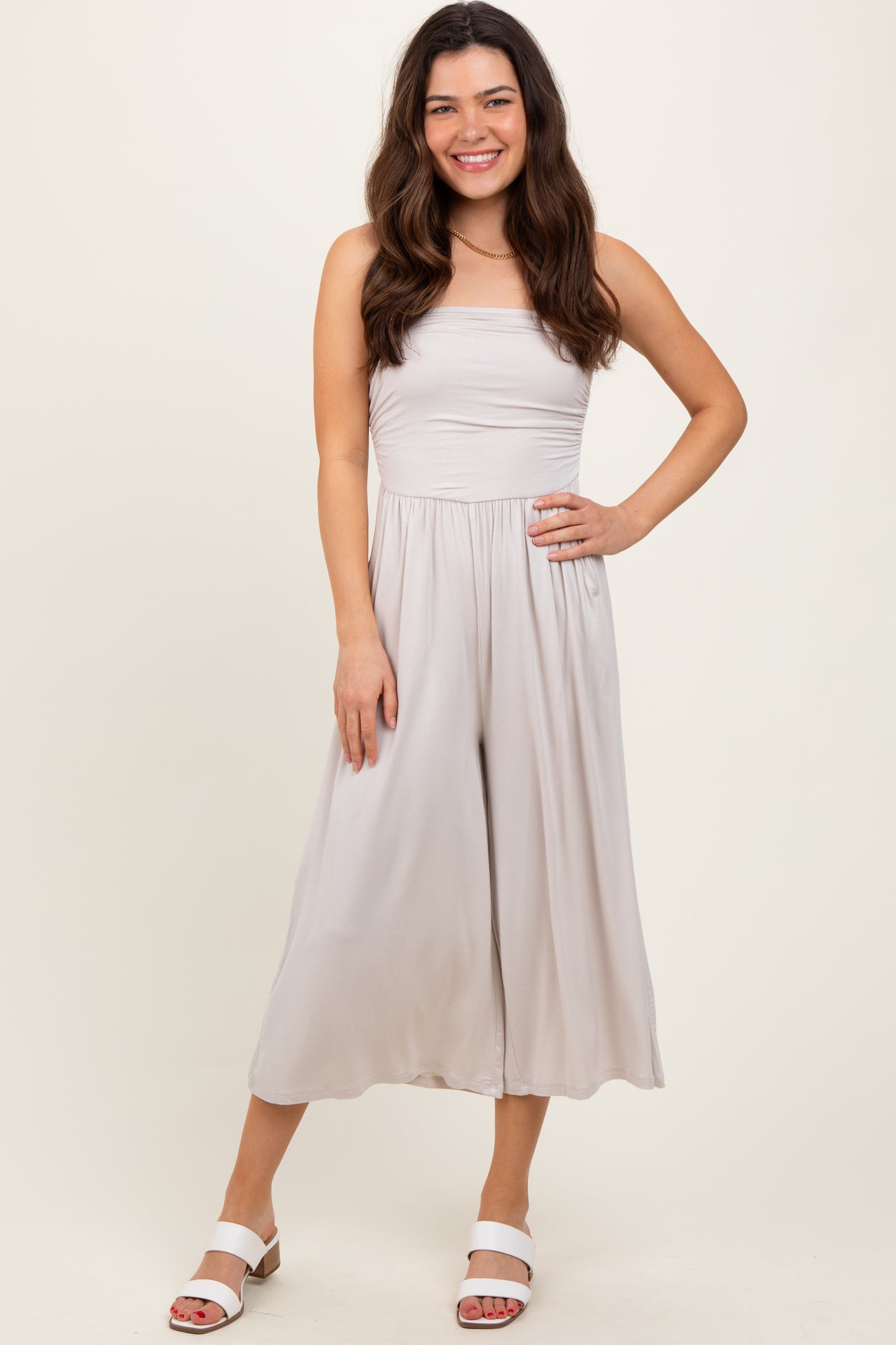 Beige Double Layered Strapless Tube Top Maternity Jumpsuit