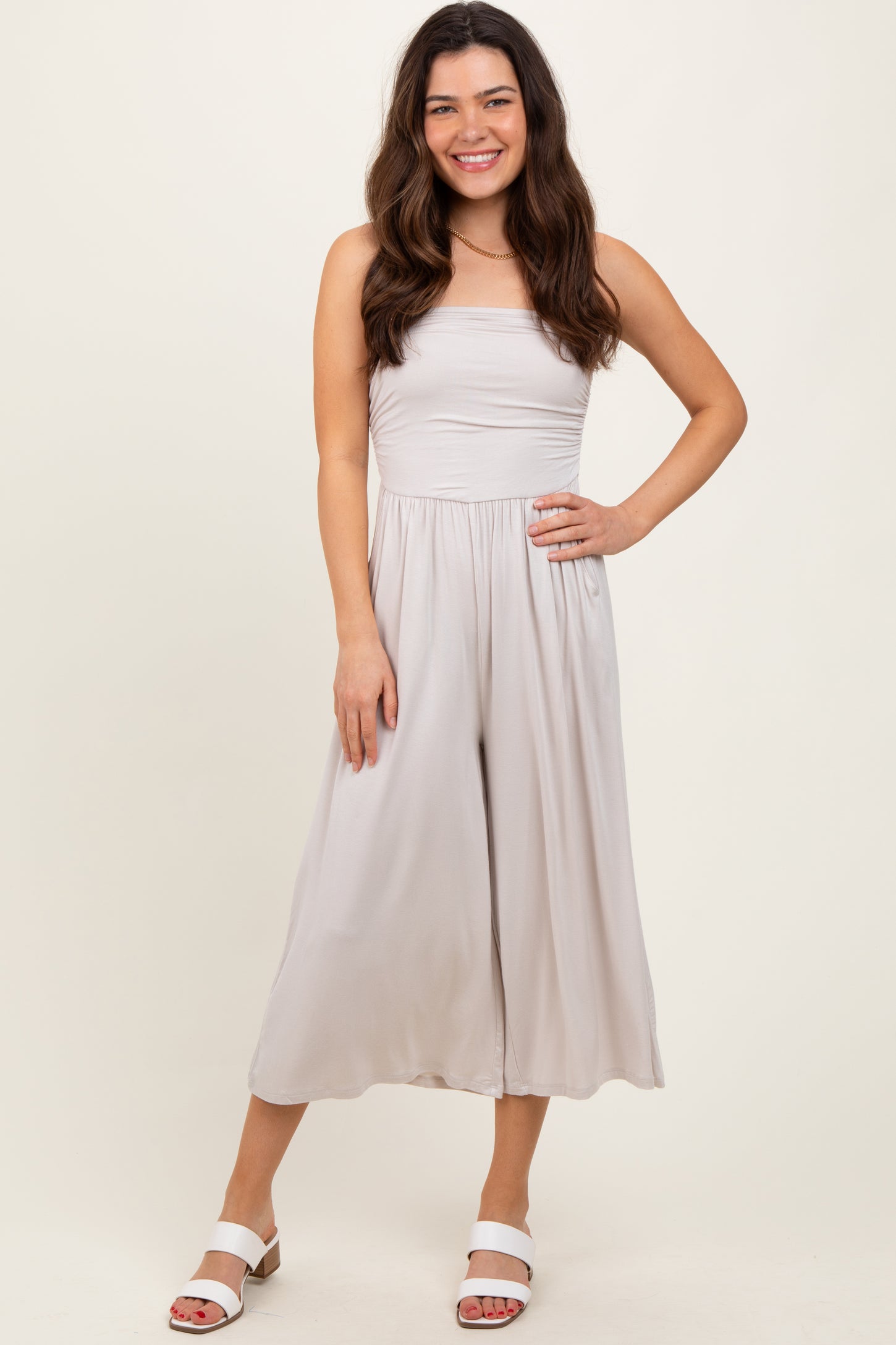 Beige Double Layered Strapless Tube Top Jumpsuit