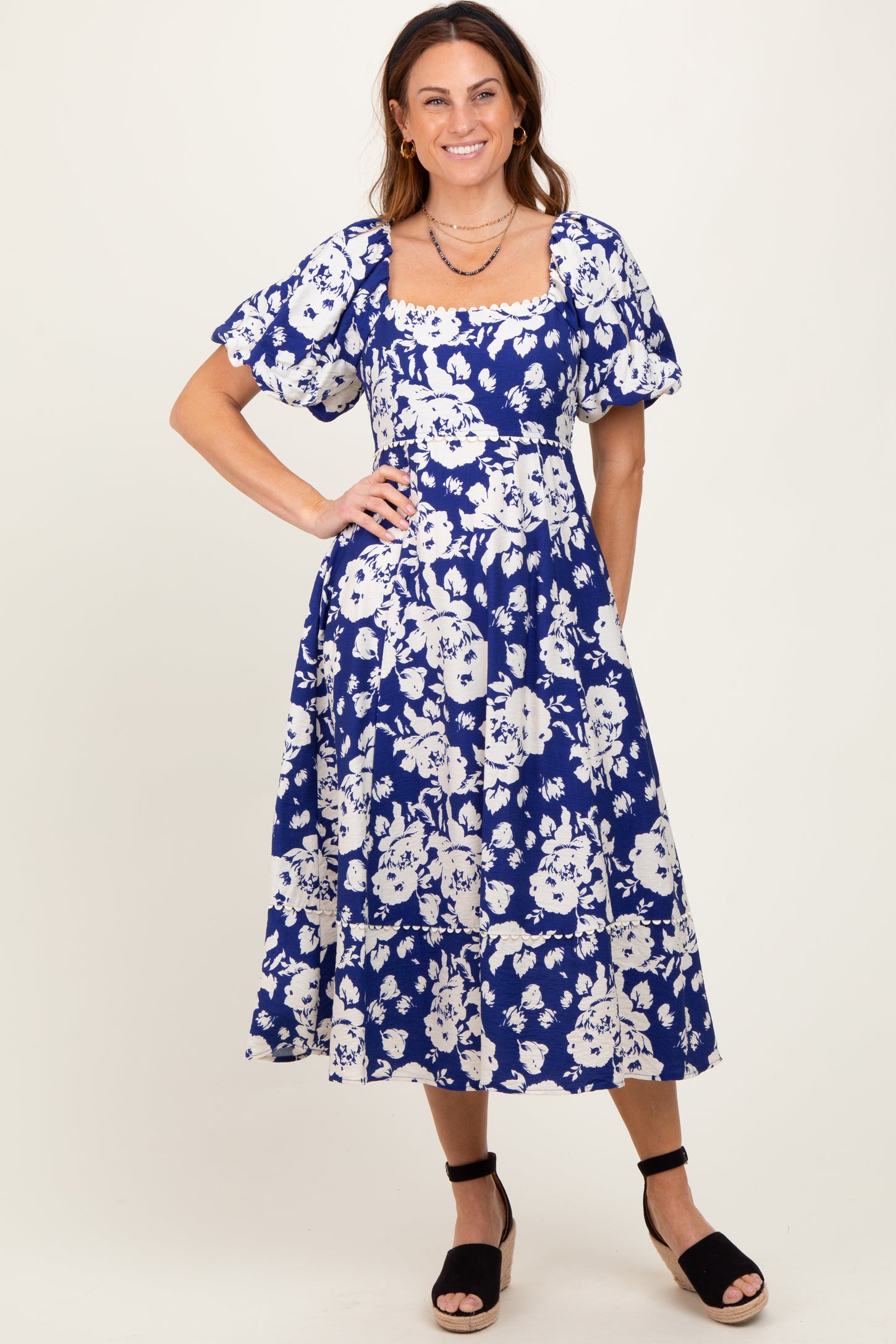 Navy Floral Scallop Trim Puff Sleeve Midi Dress