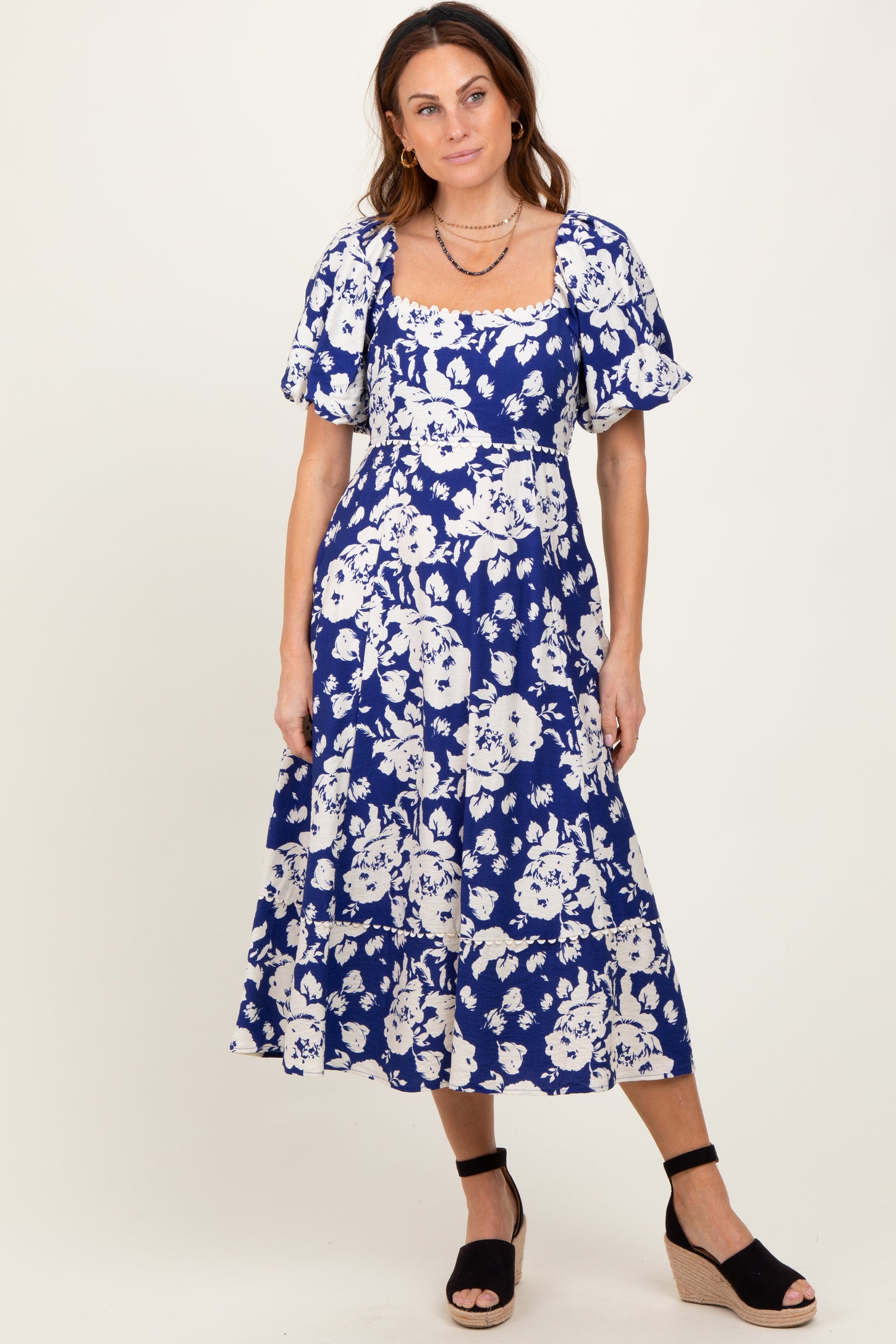 Navy Floral Scallop Trim Puff Sleeve Maternity Midi Dress