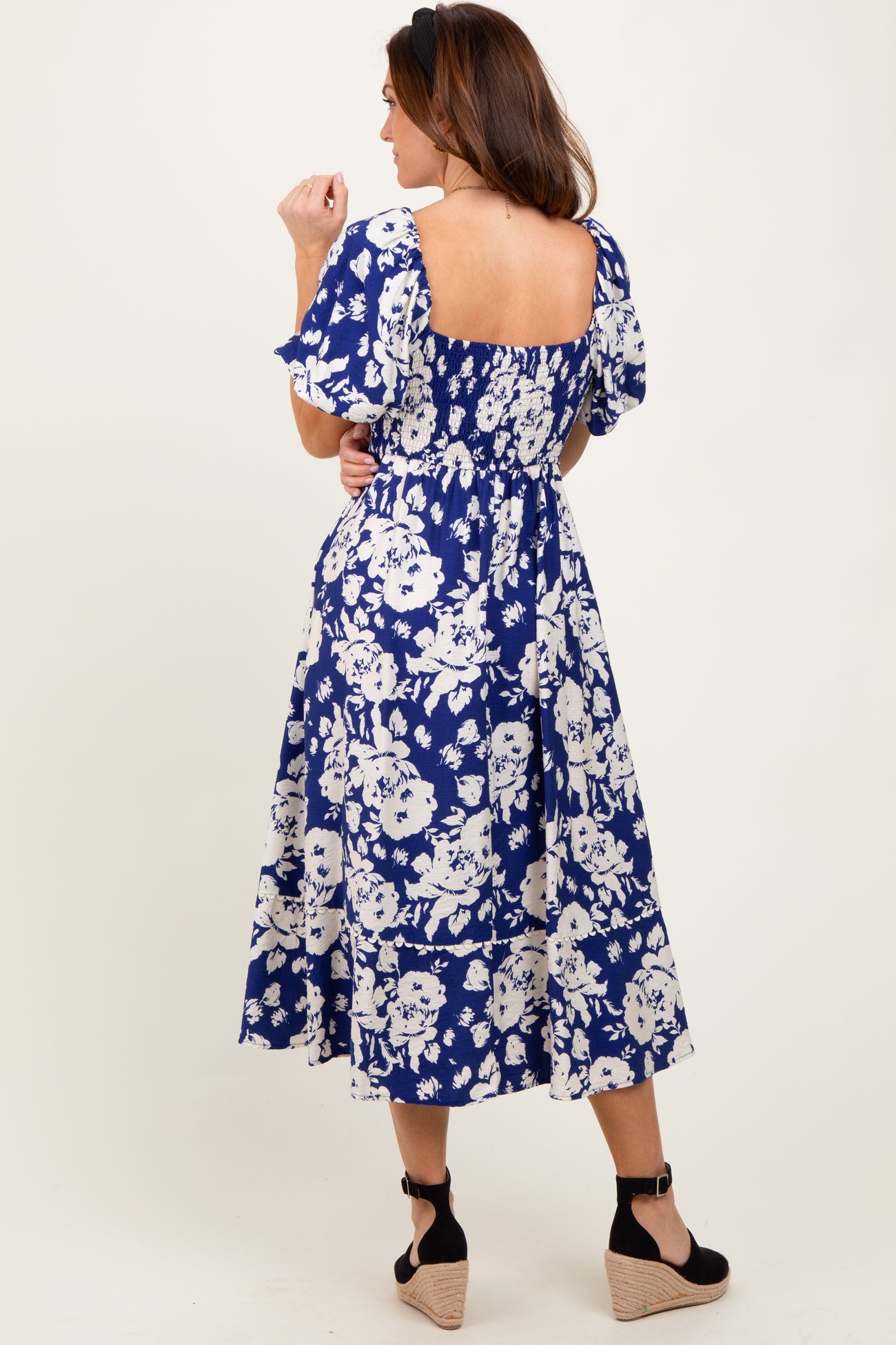 Navy Floral Scallop Trim Puff Sleeve Midi Dress