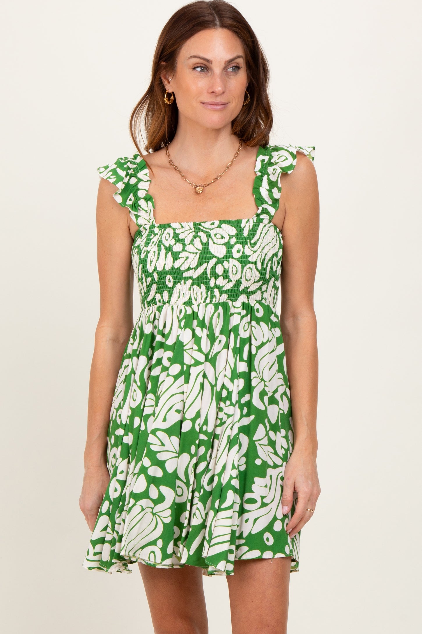 Green Printed Smocked Ruffle Strap Maternity Dress