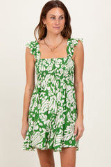 Green Printed Smocked Ruffle Strap Dress