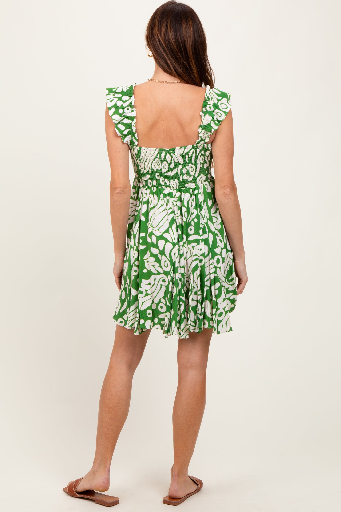 Green Printed Smocked Ruffle Strap Dress