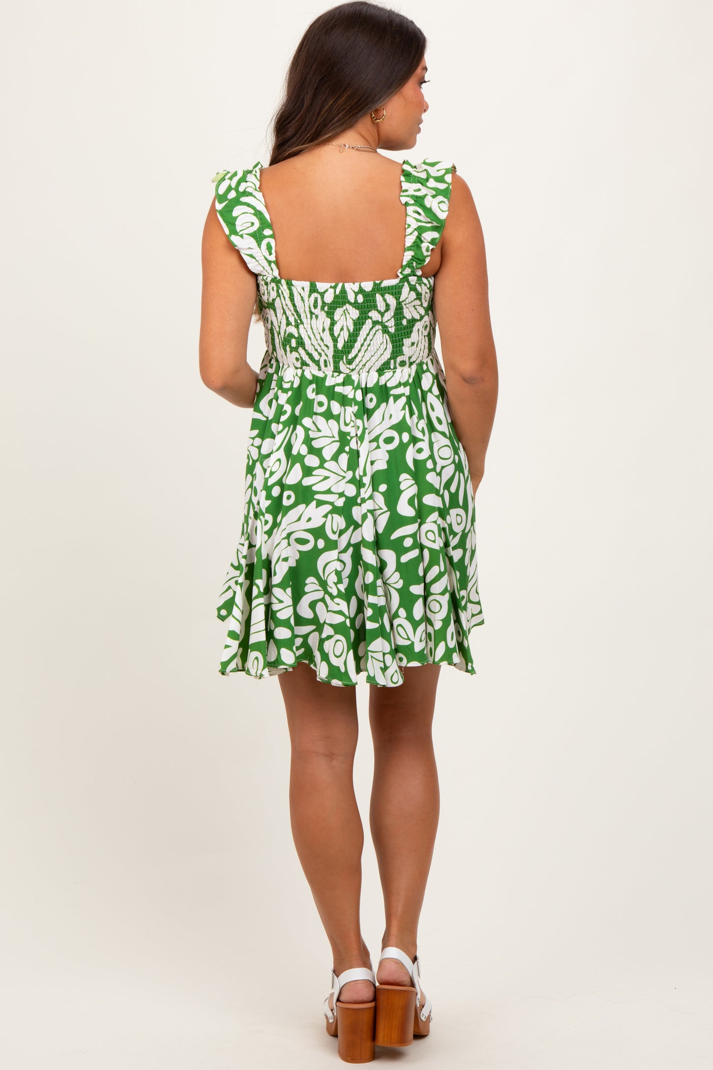 Green Printed Smocked Ruffle Strap Maternity Dress