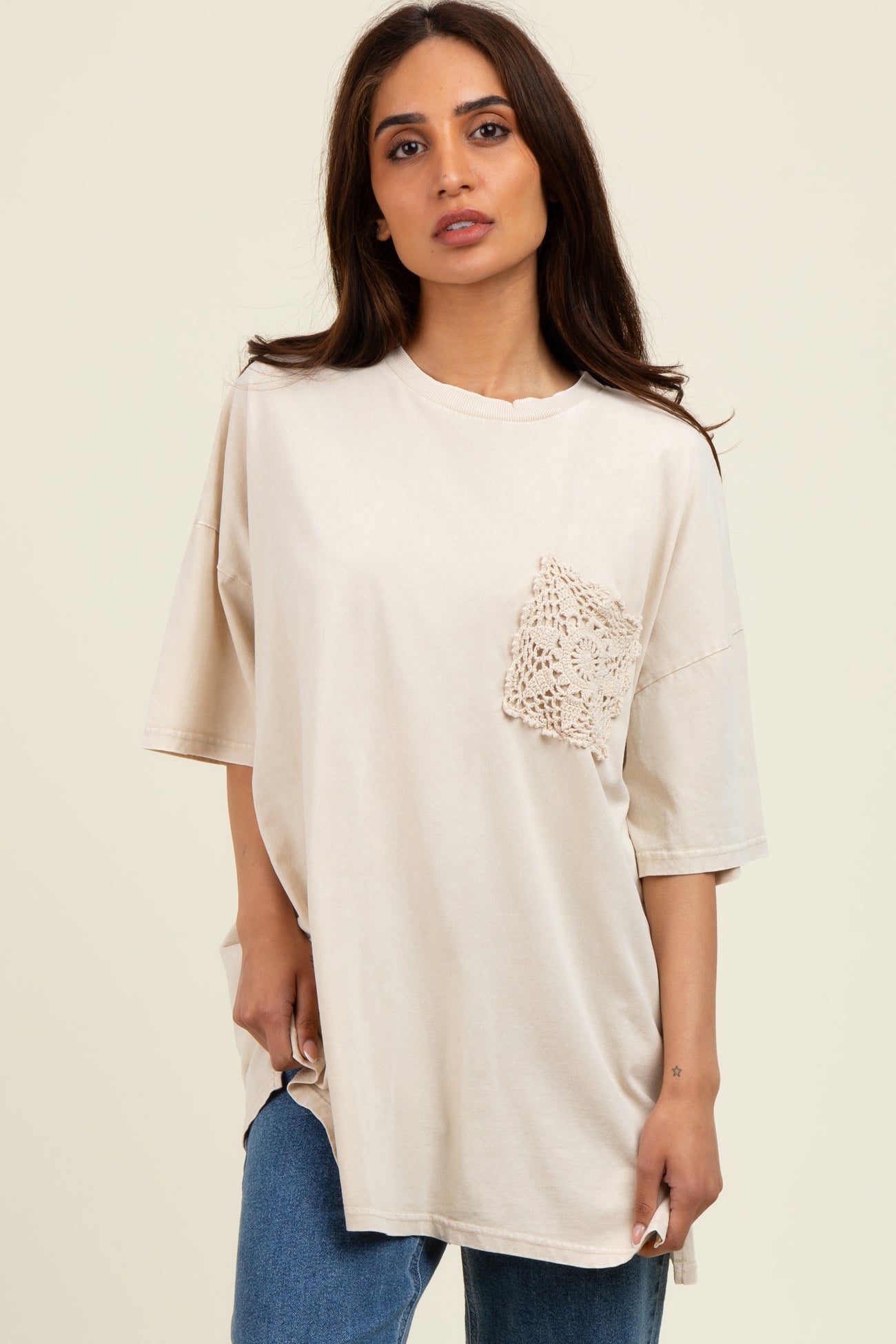 Light Beige Mineral Wash Crochet Pocket Top