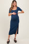 Navy Ribbed Short Sleeve Side Slit Maternity Midi Dress