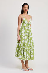 Lime Floral Front Tie Tiered Midi Dress