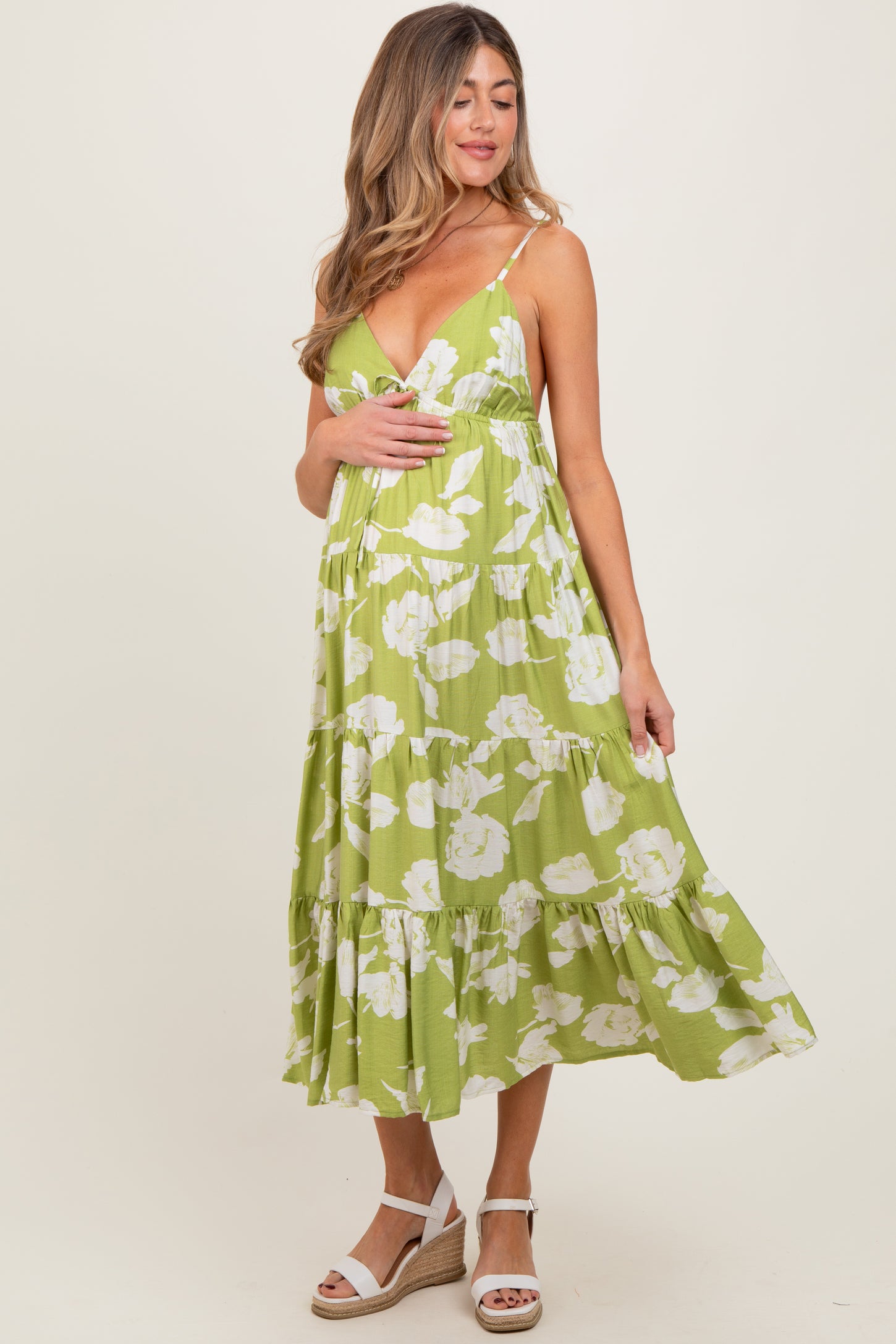 Lime Floral Front Tie Tiered Maternity Midi Dress