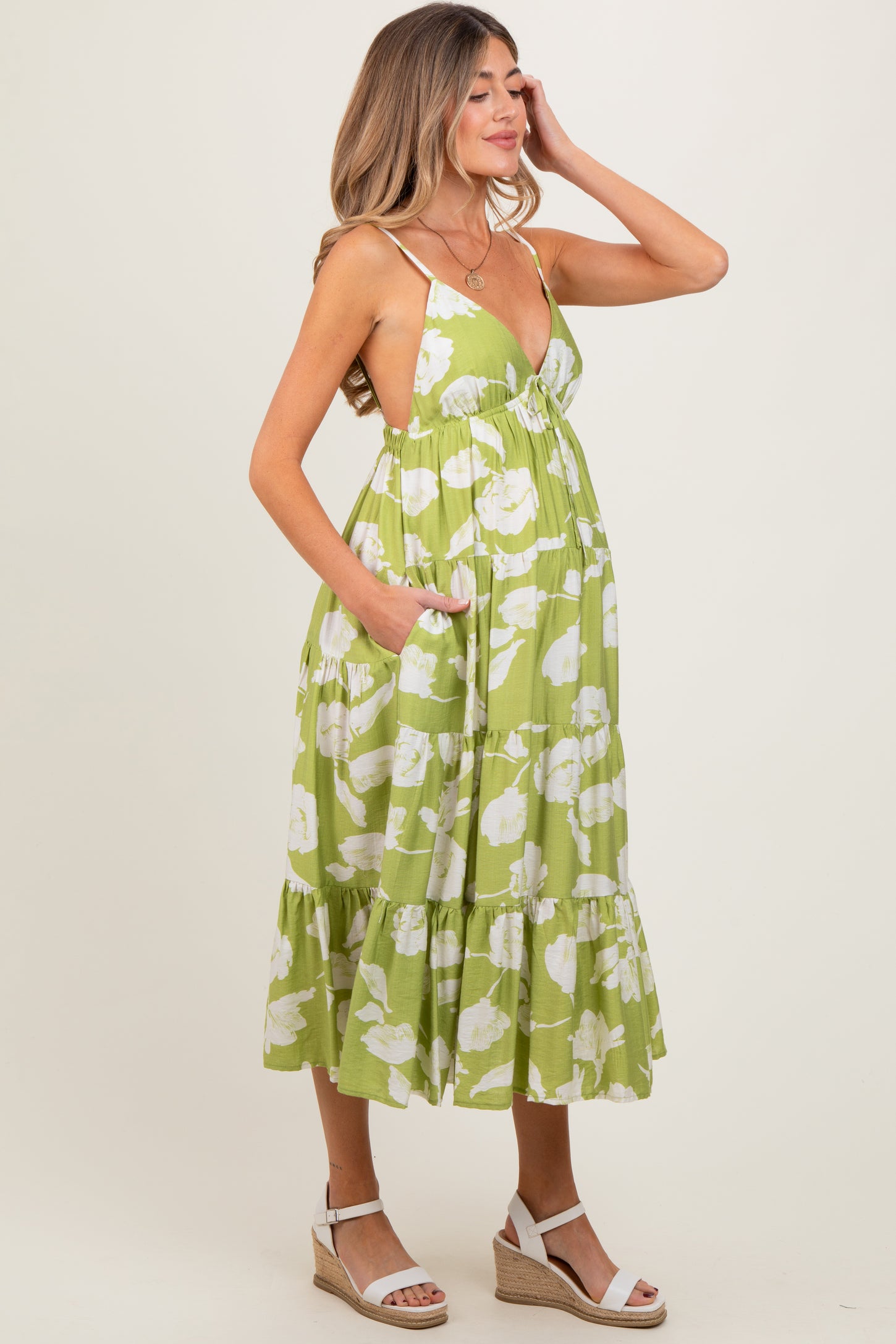 Lime Floral Front Tie Tiered Maternity Midi Dress