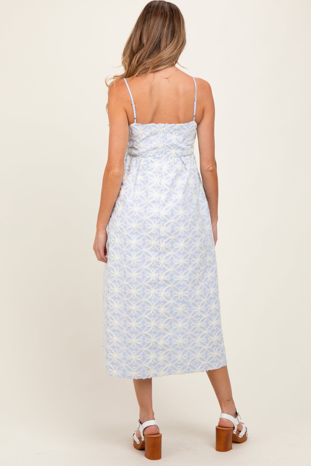 Blue Striped Floral Applique Maternity Midi Dress