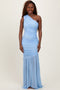 Light Blue Ruched Mesh One Shoulder Maxi Dress