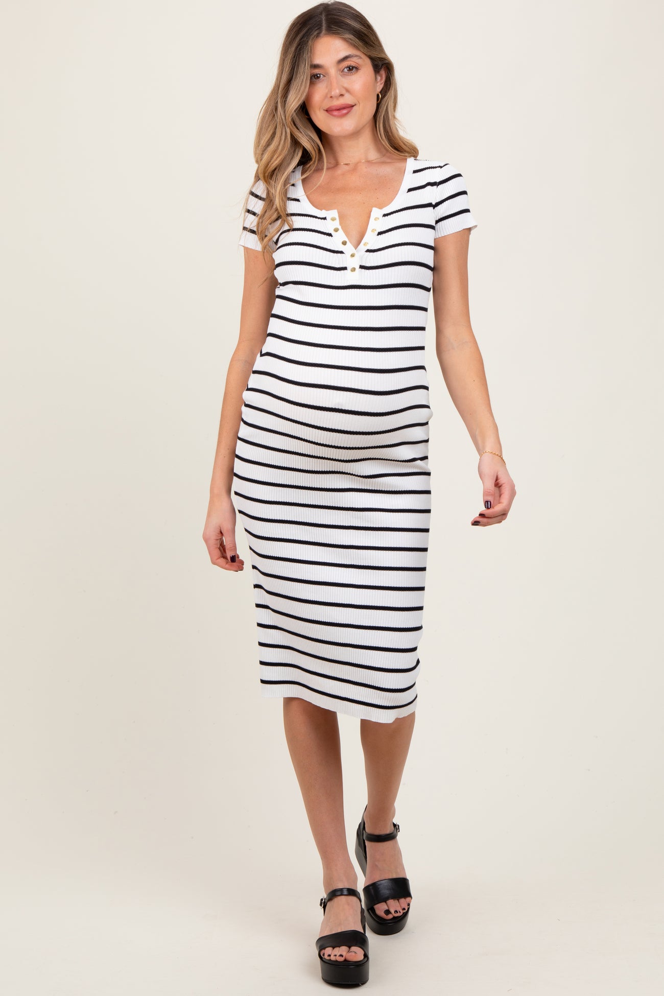 White Striped Ribbed Henley Fitted Maternity Midi Dress