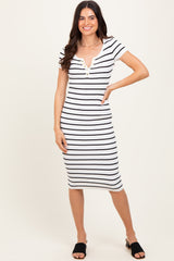White Striped Ribbed Henley Fitted Midi Dress