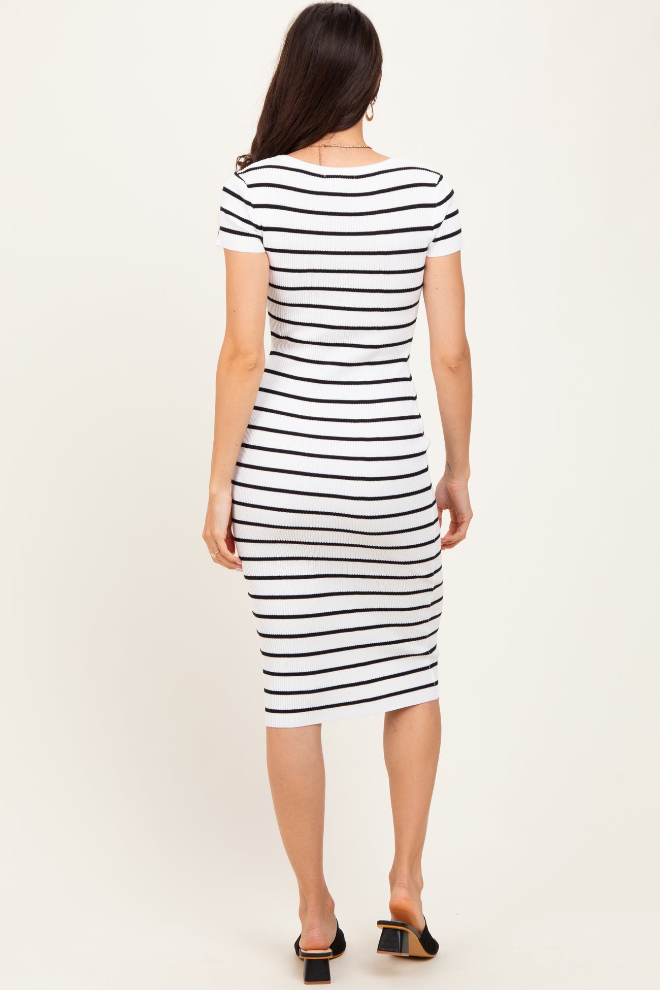White Striped Ribbed Henley Fitted Midi Dress