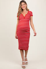 Red Striped Ribbed Henley Fitted Maternity Midi Dress