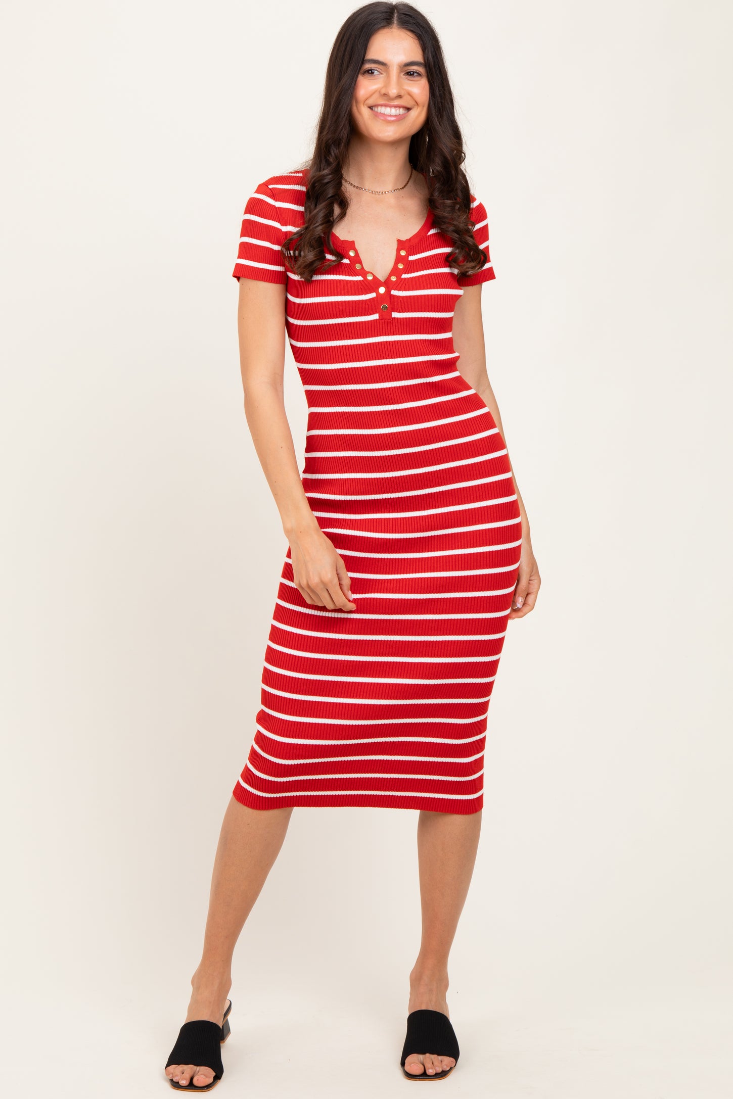 Red Striped Ribbed Henley Fitted Maternity Midi Dress
