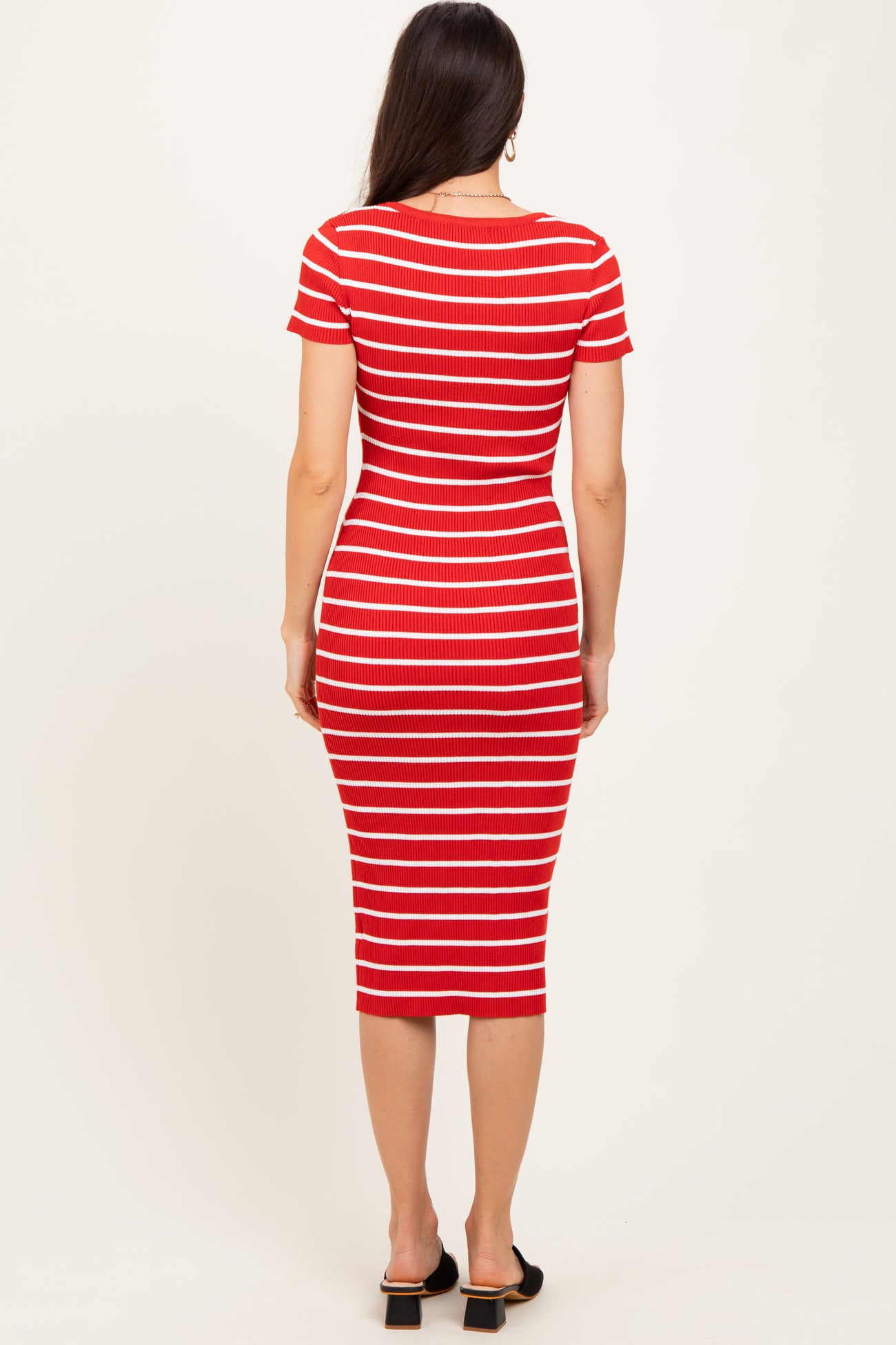 Red Striped Ribbed Henley Fitted Midi Dress
