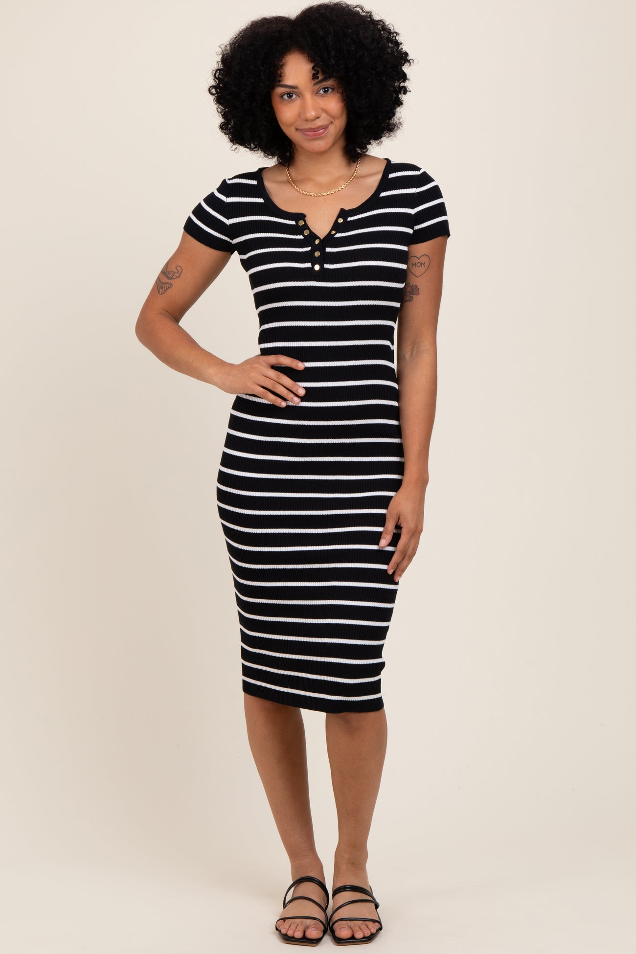 Black Striped Ribbed Henley Fitted Midi Dress