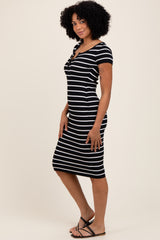 Black Striped Ribbed Henley Fitted Midi Dress