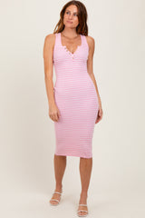 Light Pink Striped Sleeveless Fitted Midi Dress