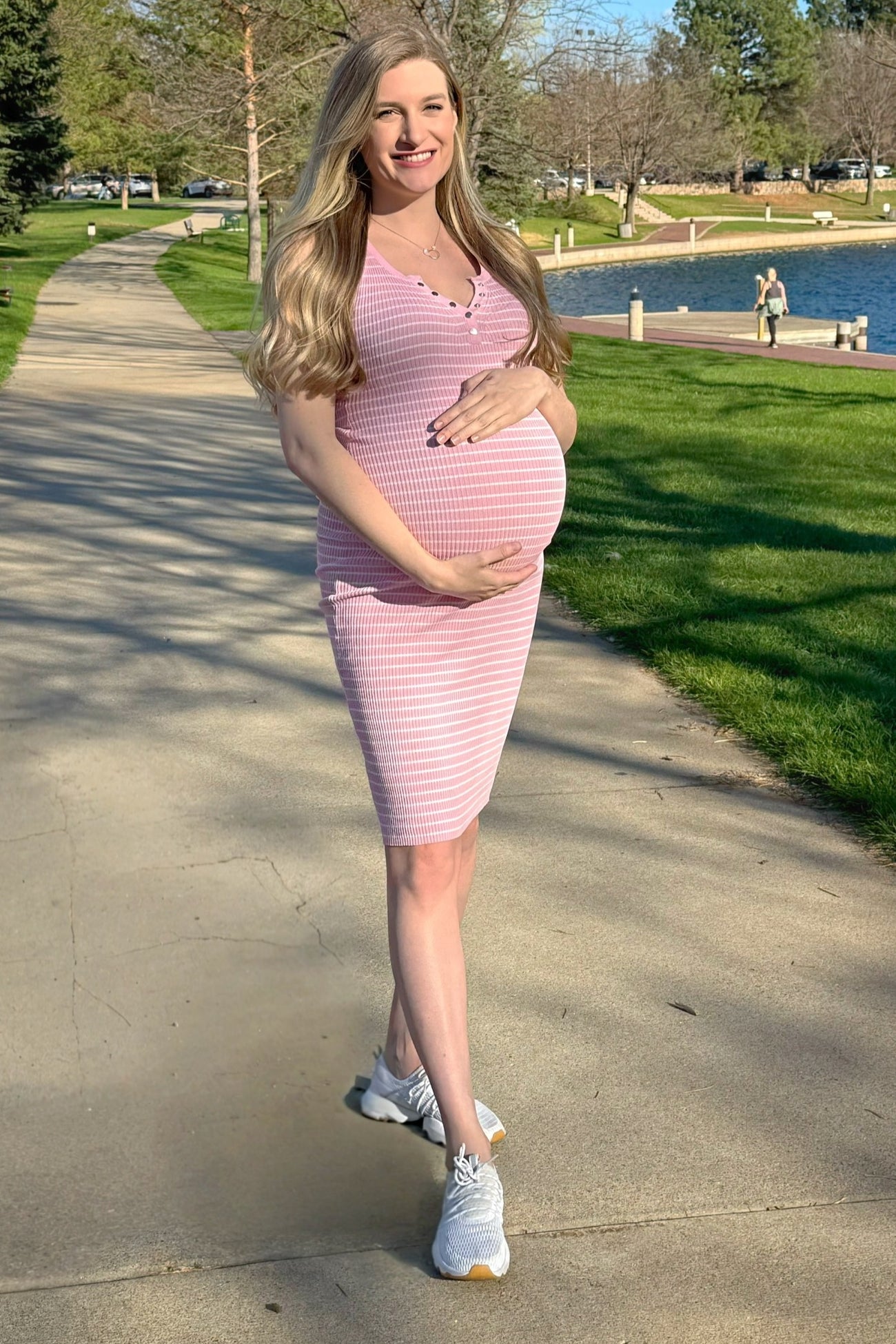 Light Pink Striped Sleeveless Fitted Maternity Midi Dress