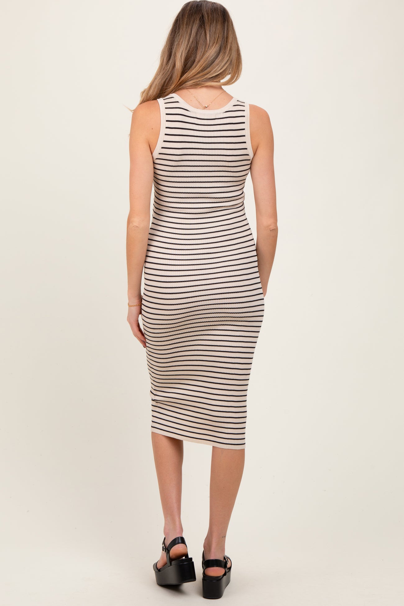 Cream Striped Sleeveless Fitted Maternity Midi Dress
