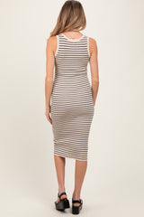 Cream Striped Sleeveless Fitted Maternity Midi Dress