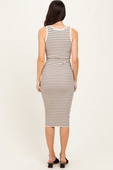 Cream Striped Sleeveless Fitted Midi Dress