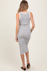 White Striped Sleeveless Fitted Maternity Midi Dress
