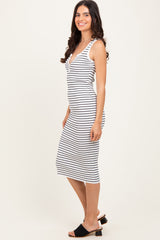 White Striped Sleeveless Fitted Midi Dress