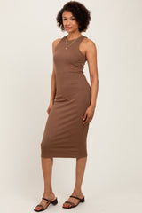 Brown Sleeveless Ribbed Knit Midi Dress