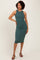 woman wearing a teal ribbed midi dress with a sleeveless design and a fitted silhouette