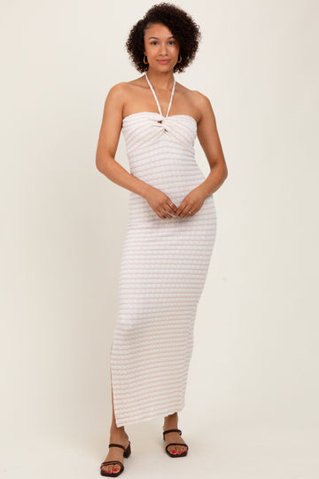 Beige Striped Halter Neck Fitted Maternity Maxi Dress