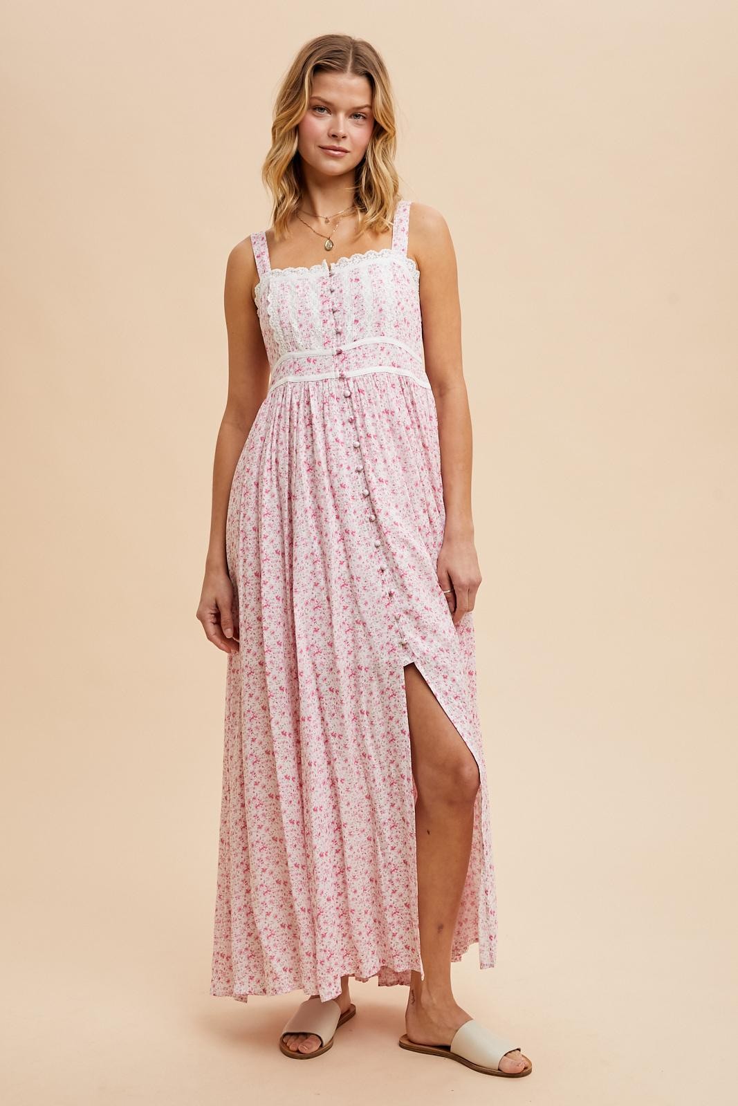 Pink Floral Button Down Sleeveless Maxi Dress