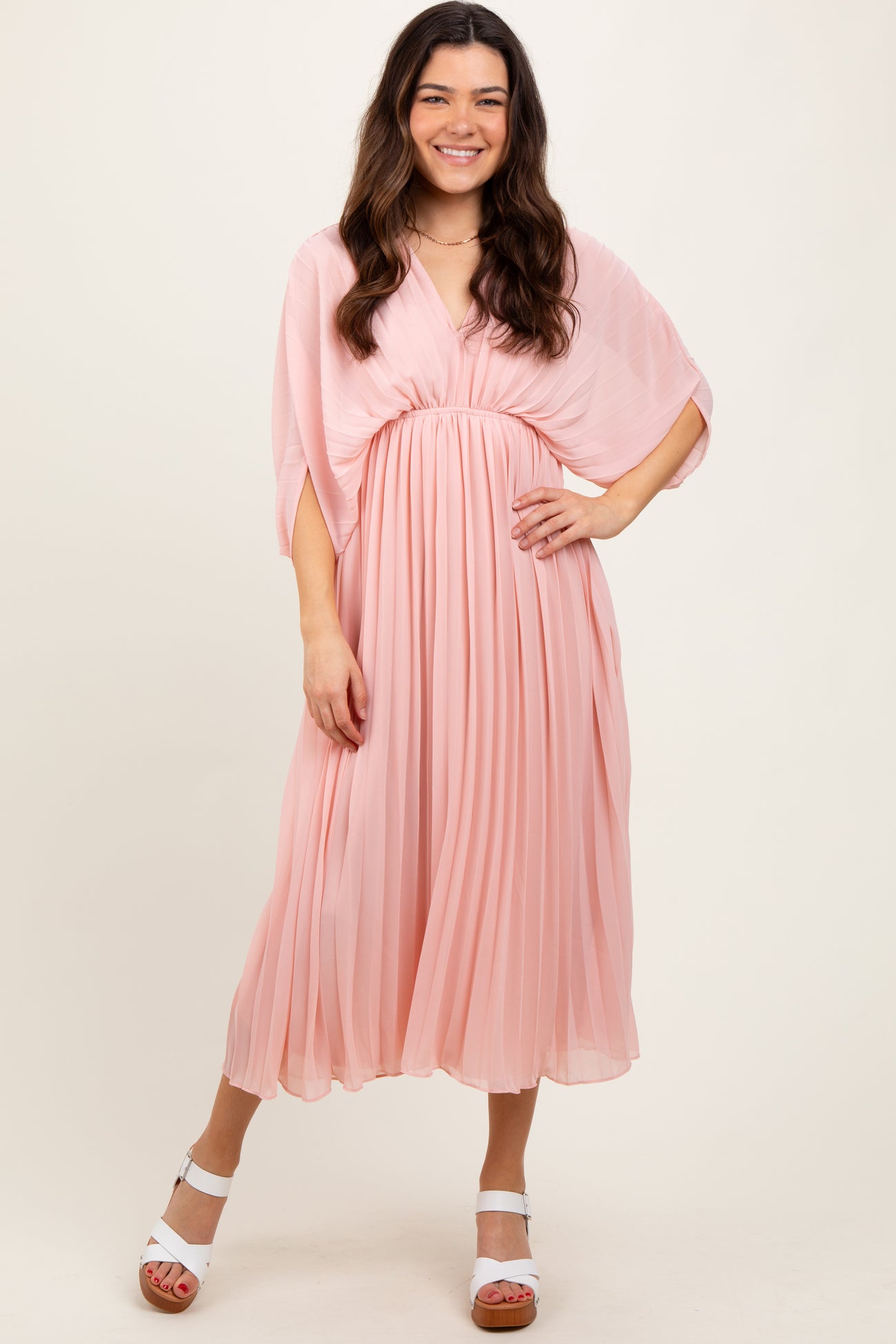 Light Pink Pleated V Neck Maternity Maxi Dress