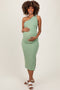 Light Olive Striped One Shoulder Side Slit Maternity Midi Dress
