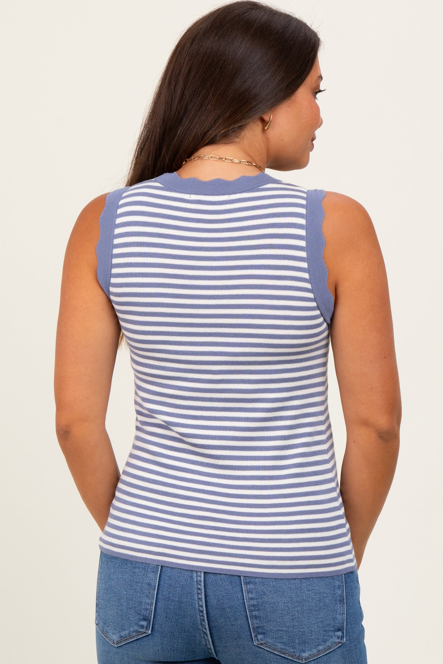 Periwinkle Striped Knit Scallop Trim Sleeveless Maternity Top